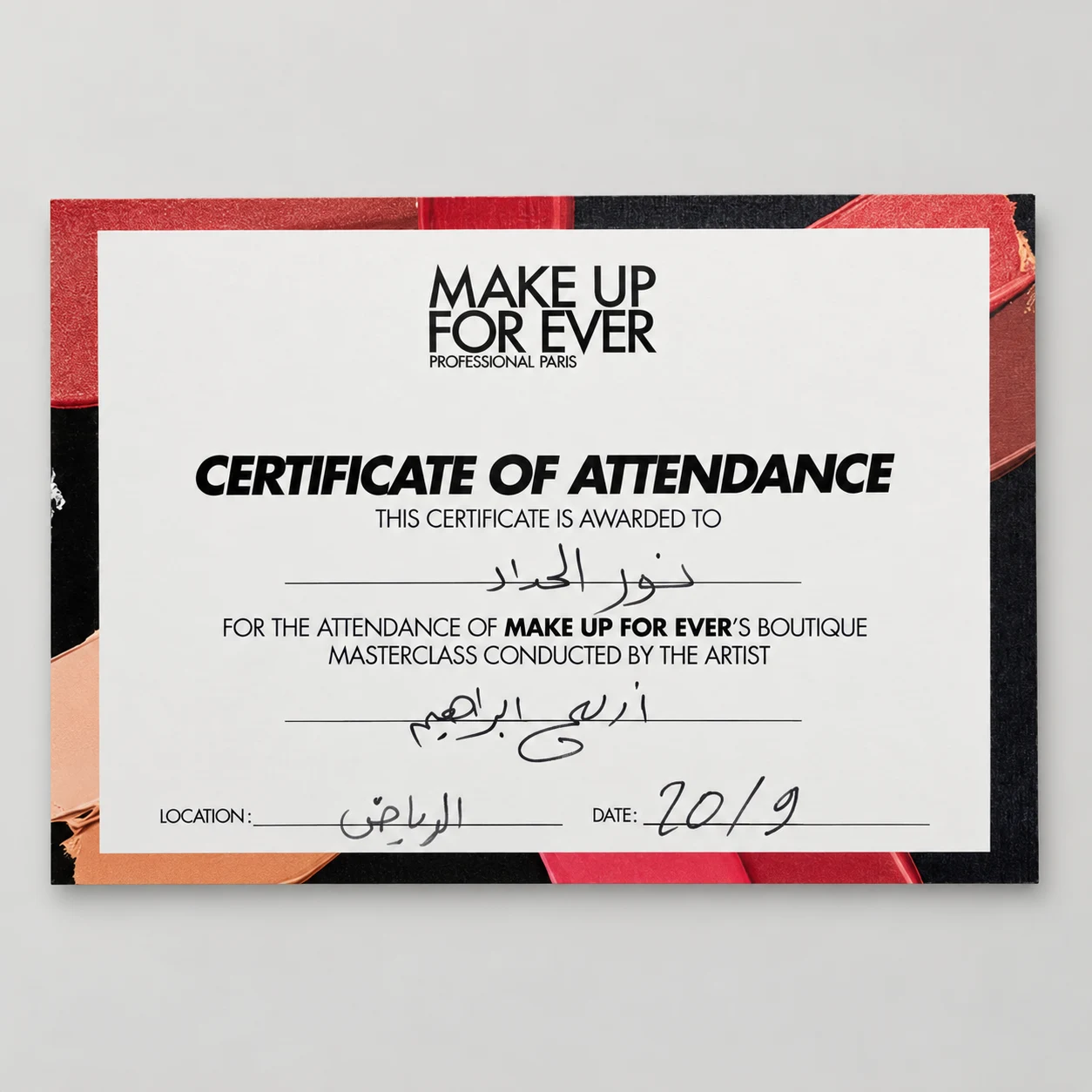 Noor Alawi’s certificate: Make Up For Ever masterclass