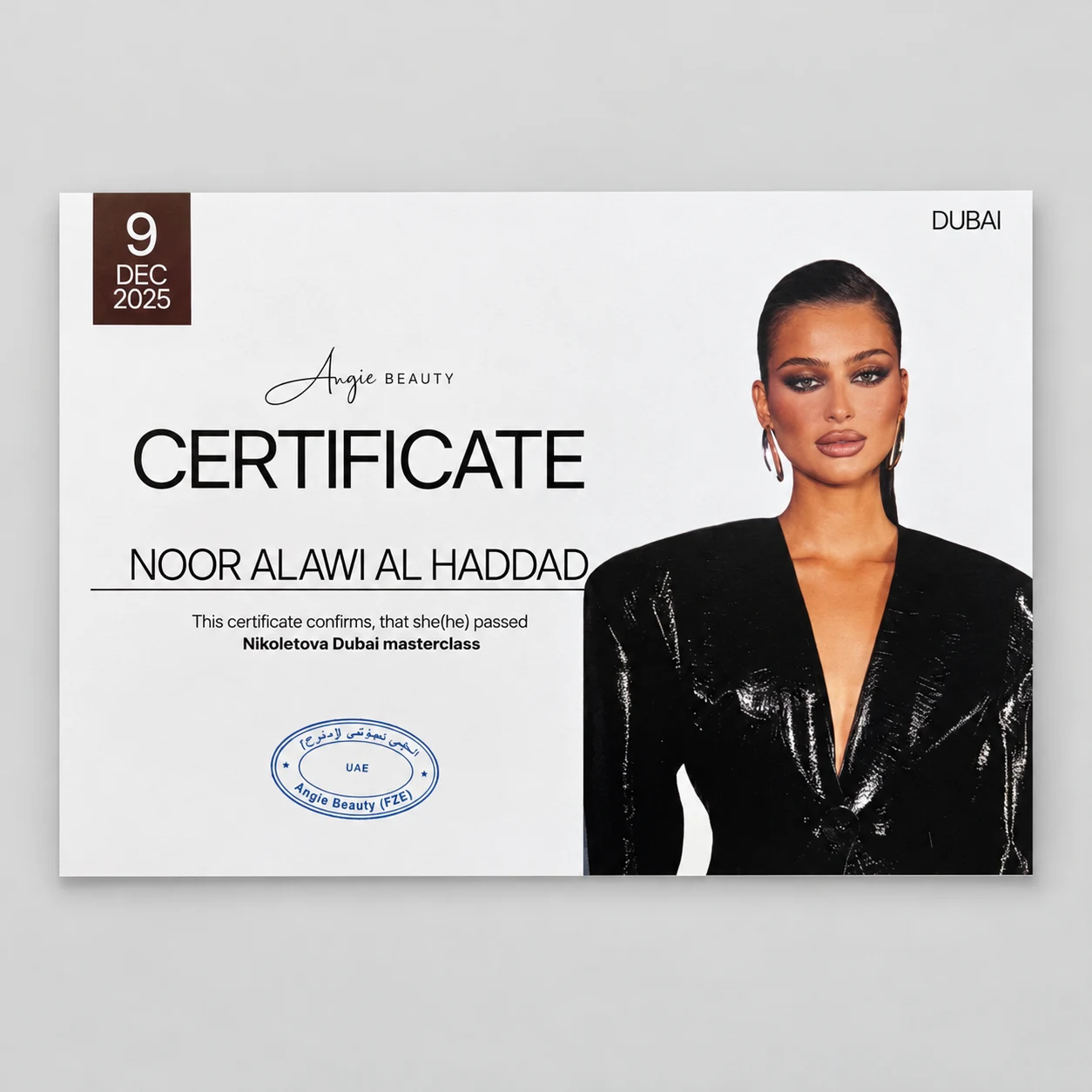 Noor Alawi’s certificate: Nikoletova Dubai masterclass
