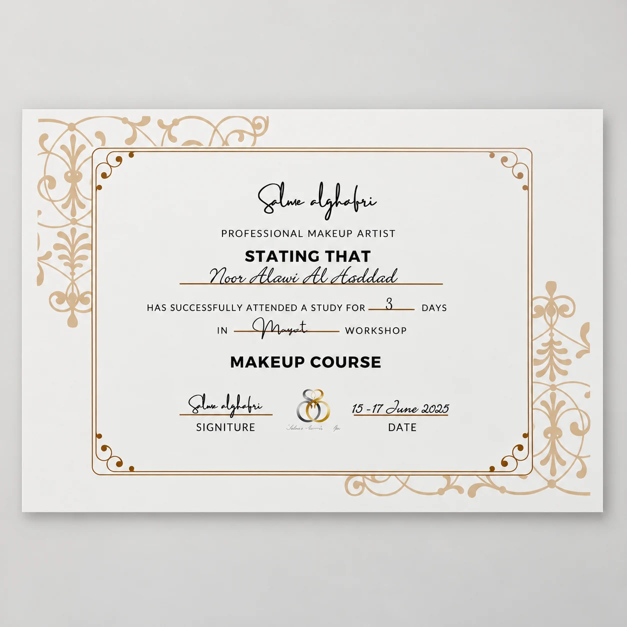 Noor Alawi’s certificate: Salwa makeup course