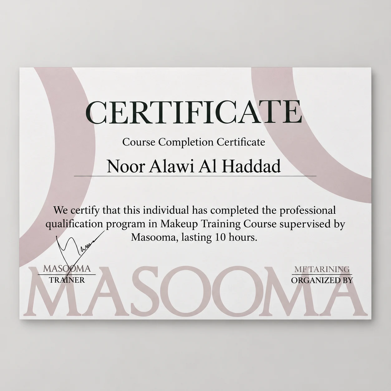 Noor Alawi’s certificate: Masooma makeup training